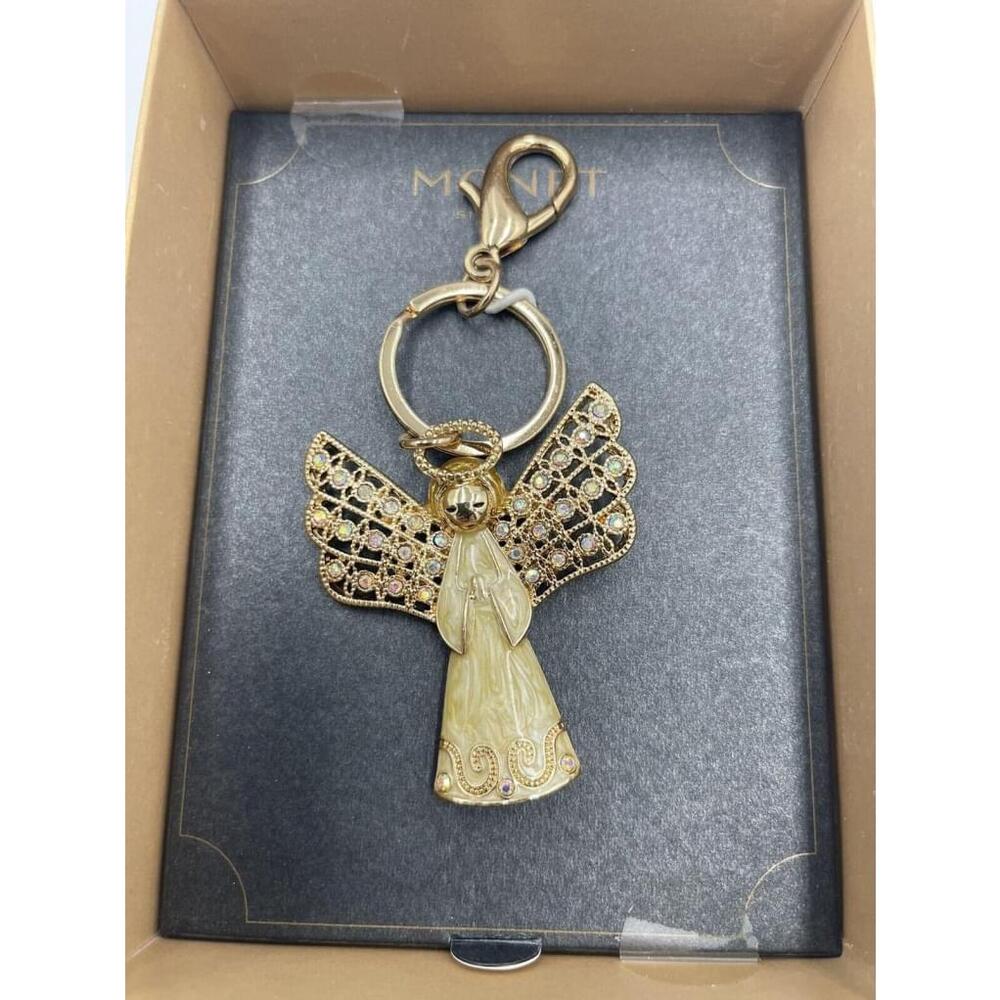 Monet GoldTone Key Ring Yellow Enamel Angel W/AB Rhinestone Wings NIB Whimsical